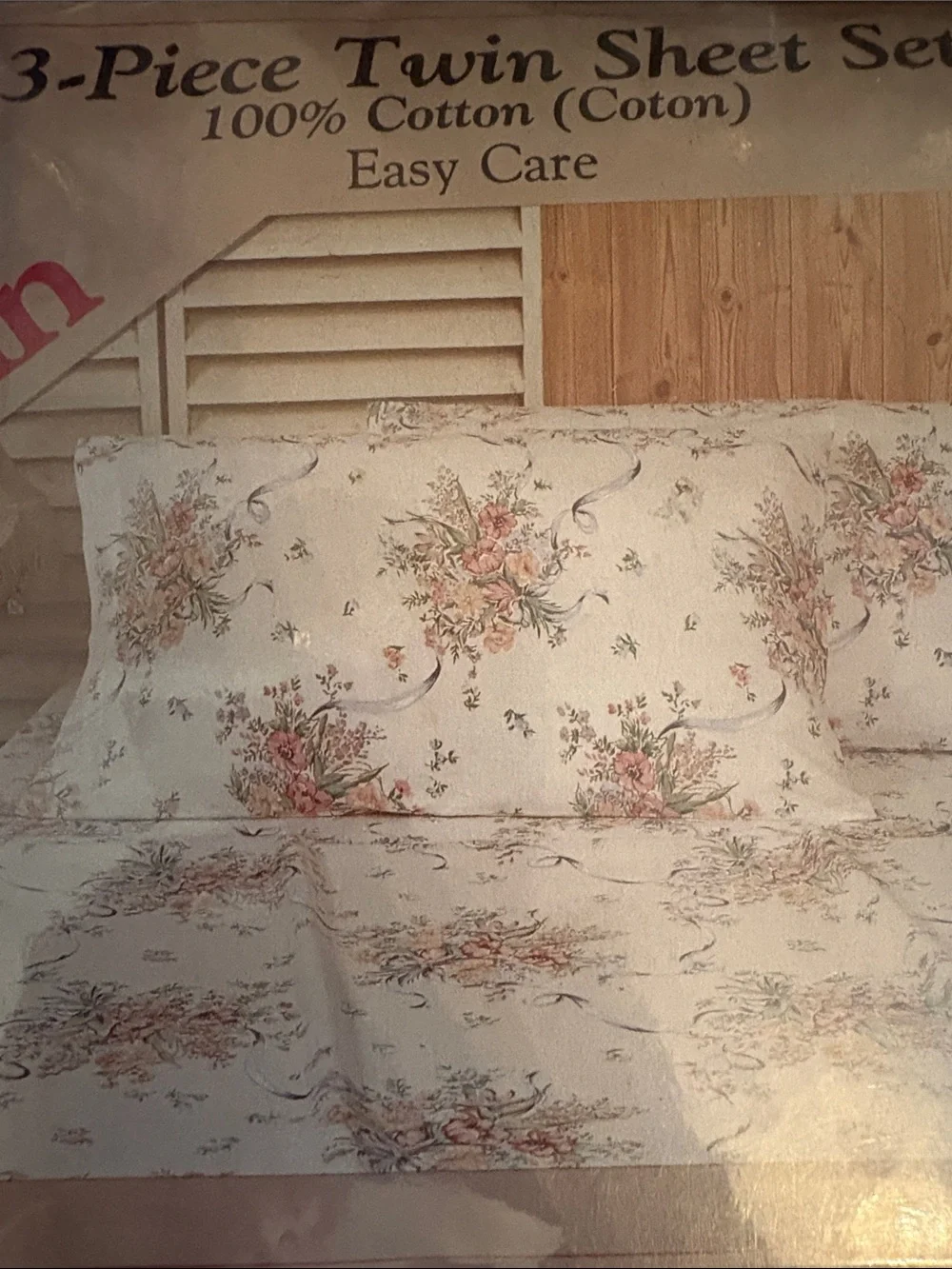 New Old Stock NIP Ladley White Floral 3-Piece Twin Sheet Set, 100% Cotton